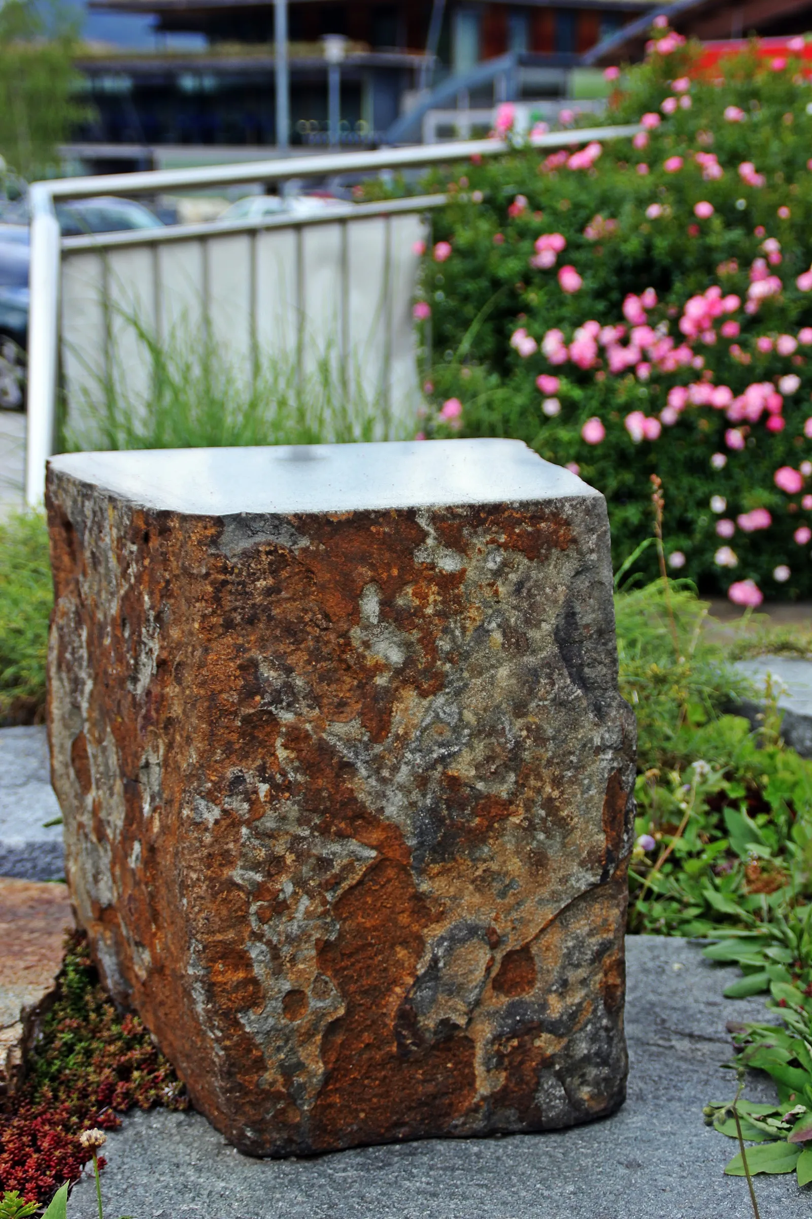 Roher Natursteinblock mit geschnittener Deckfläche in einem bepflanzten Garten